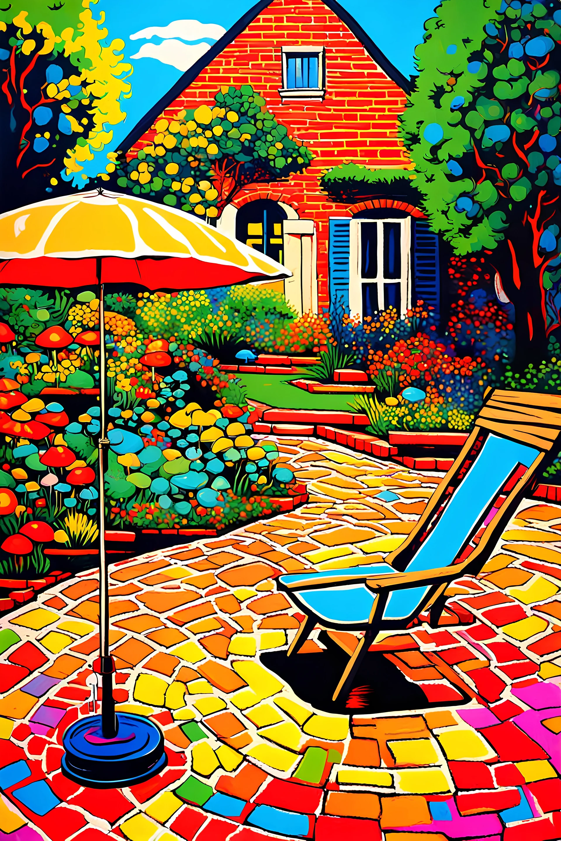 painting of a psychadelic colourful natural courtyard with brick road and grass, flowers and trees, mushrooms, round coffee table with shade and umbrella by van gogh and andy warhol infusion.