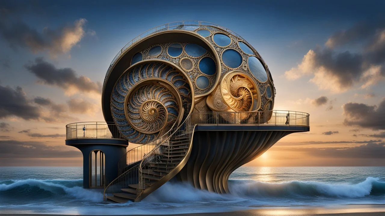 midle soot A stunning Nautilus shell house with a nautilus shell metal stair wide shot standing in the sea waves backdrop the deep blue Sea in golden hour, dark metallic, steampunk, hyperrealistic photo, Digital painting, Highly detailed, Sharp Focus, unusual spiral fractal architecture