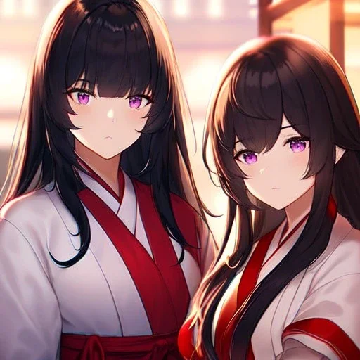 Clear focus,High resolution,8k, Beatiful Lighting, black short fluffy hair, long fluffy bangs, purple eyes, wearing a miko outfit, extreme close up