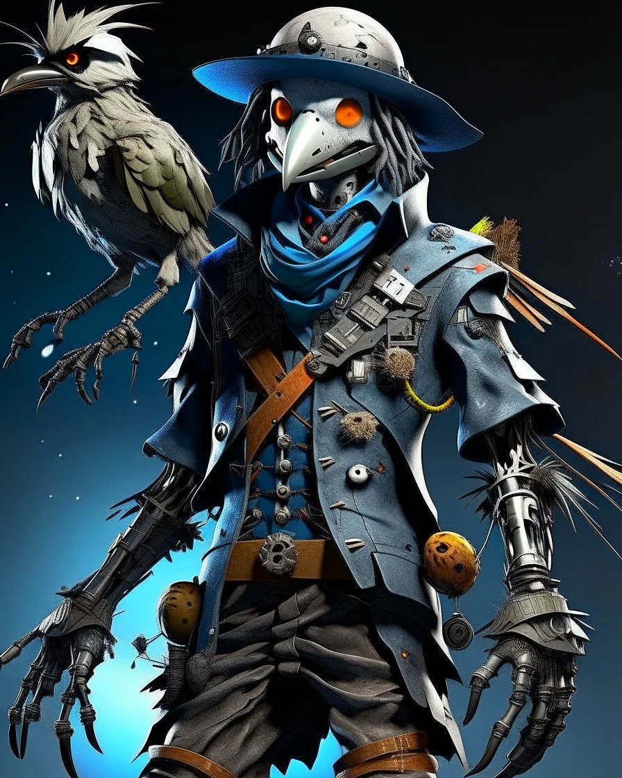 terrifingly cute cyberpunk scarecrow holding a crow, in the style of Android Jones, photography, head to toe, full body shot, white, navy blue grey, very detailed, very clear photo, 3D,