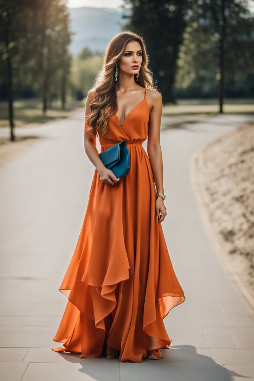 very beautiful ukrain lady wearing orange_blue pretty maxi flared dress with hair silver crown ,standing idle pose