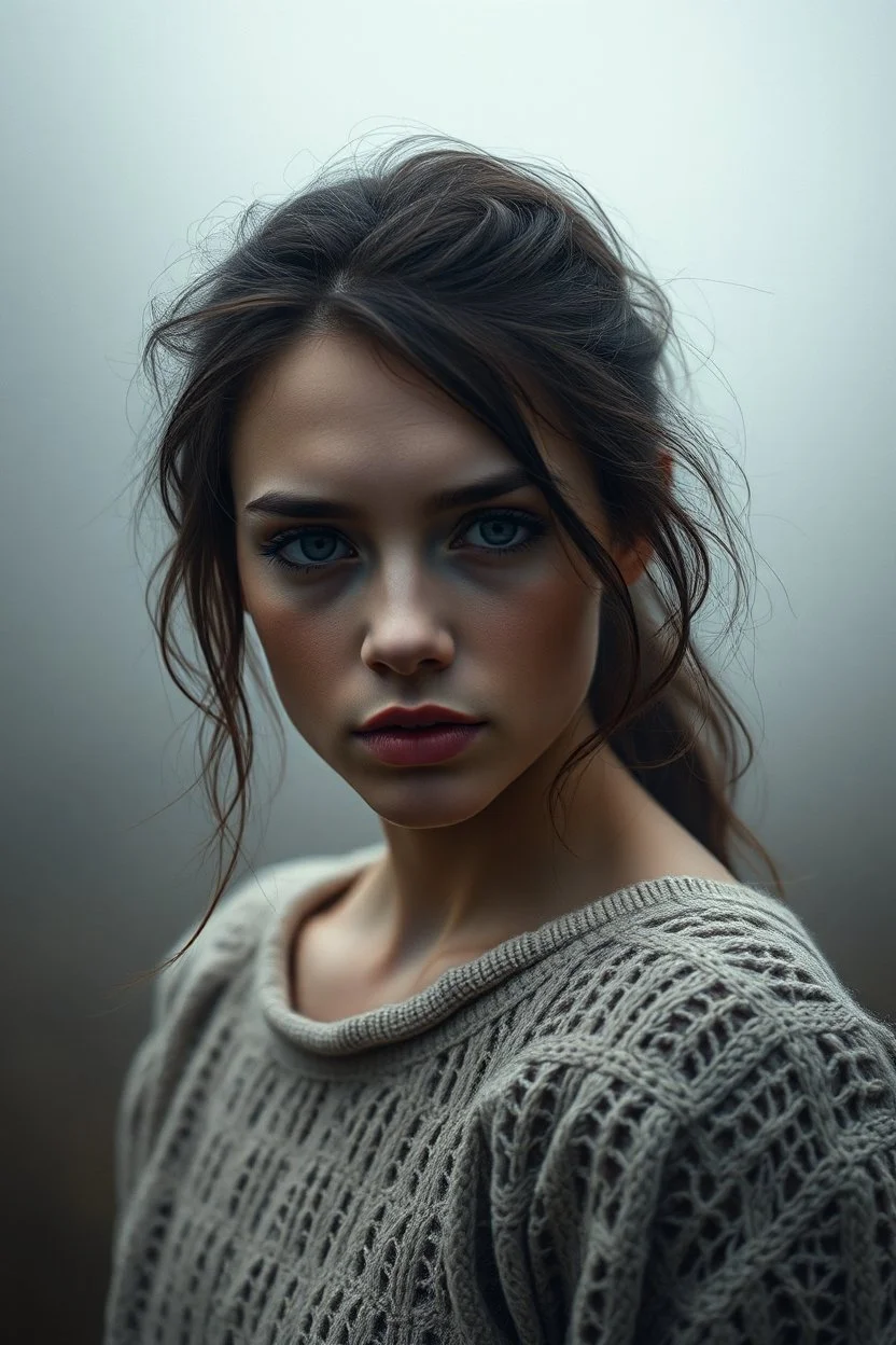 Extremely realistic photo of a beautiful girl, fog, general foul weather, (Rembrandt Lighting), zeiss lens, ultra realistic, (high detailed skin:1.2), 8k uhd, dslr, Dramatic Rim light, high quality, Fujifilm XT3, artwork in pale distressed tones , minimalistic approach, blends old world aesthetics art with elements of distressed painting and illustration, shadow play, high conceptuality, palette inspired by Charlene Mc Nally, Carne Grif