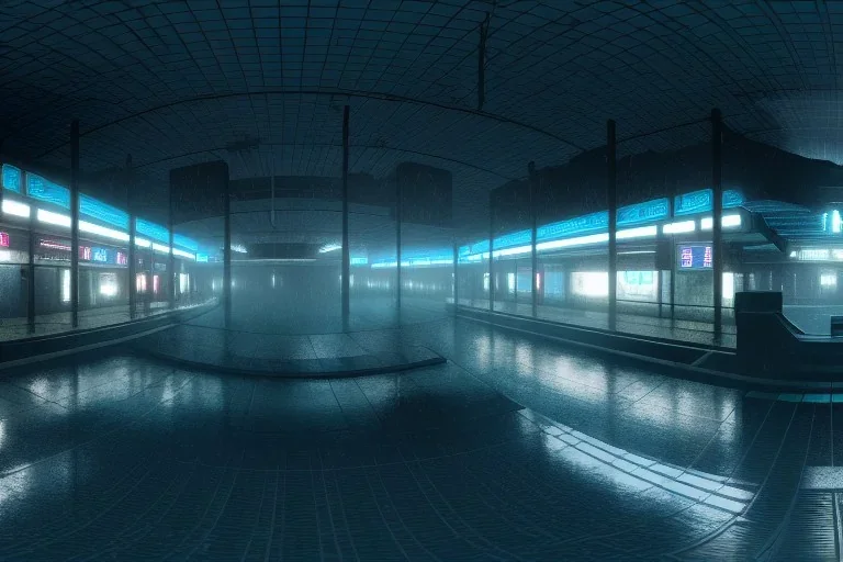 equirectangular projection grid of a futuristic bladerunner cyberpunk trainstation in the rain at night, volumetric lighting 4k spherical panorama realityengine photorender hyperdetailed cinematic