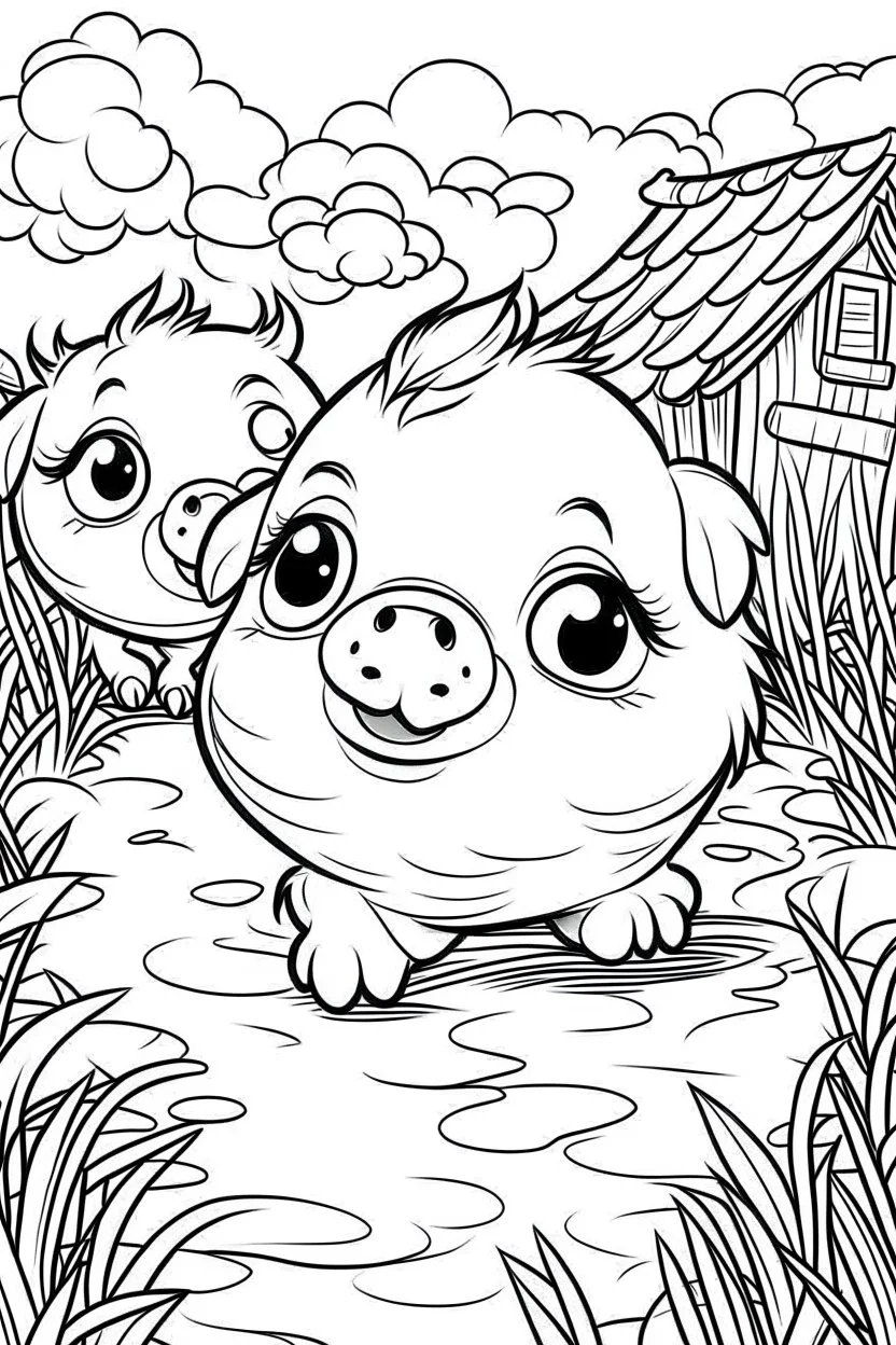 Adorable chicks walk around the farm yard, pixar style, clean vector graphics, coloring book, black and white