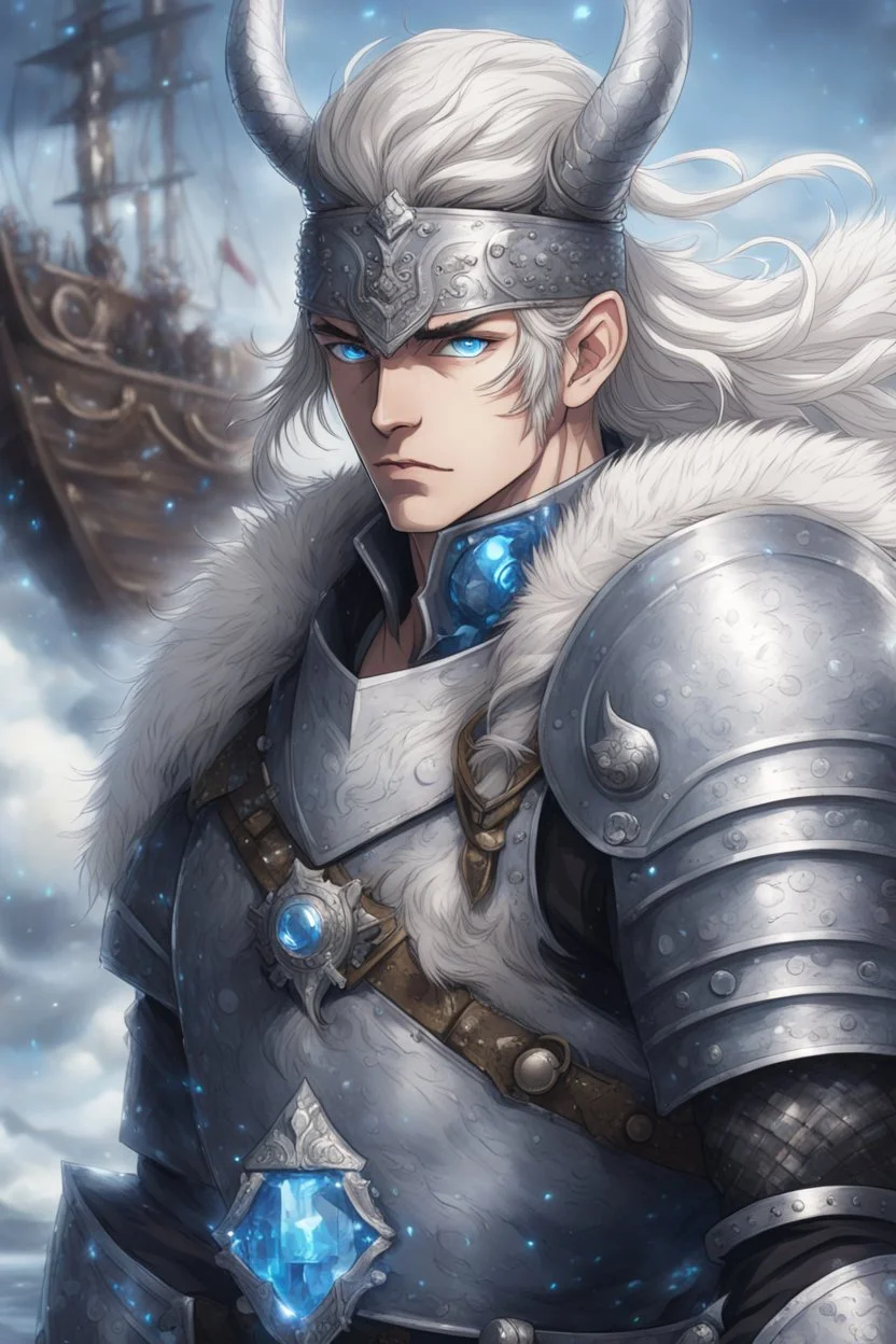 1man warrior in anime style, with blue eyes wearing silver Vikings armor with a blue crystal on his chest with a battle axe on the pirate ship, anime, anime style