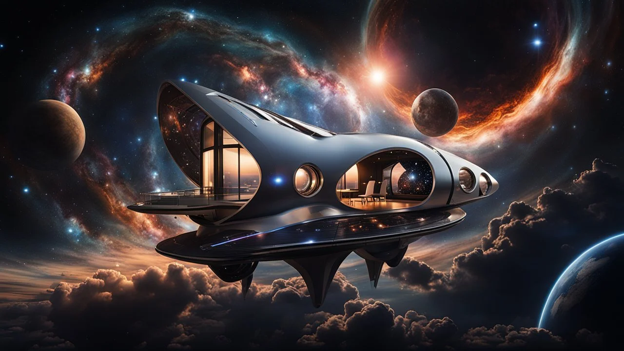 floats in big space a photorealistic futuristic unique house, outer space in a star nebula, streamlined futuristic spaceship floating in front, nebula behind, stars, tiny planets in the distance, dark blue deep space Professional photography, bokeh, natural lighting, canon lens, shot on dslr 64 megapixels sharp focus, stunnig, sharp focus