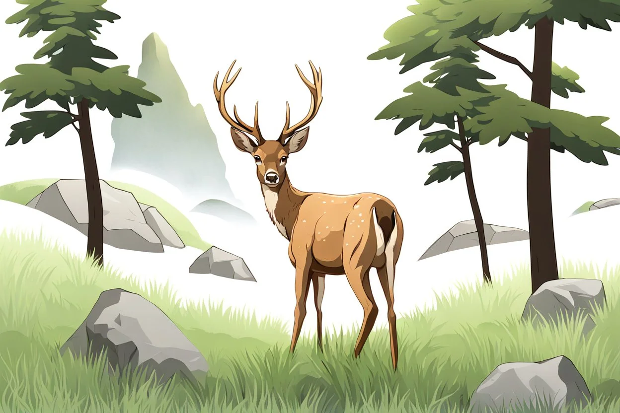 deer in forest next to rocks and grass fields