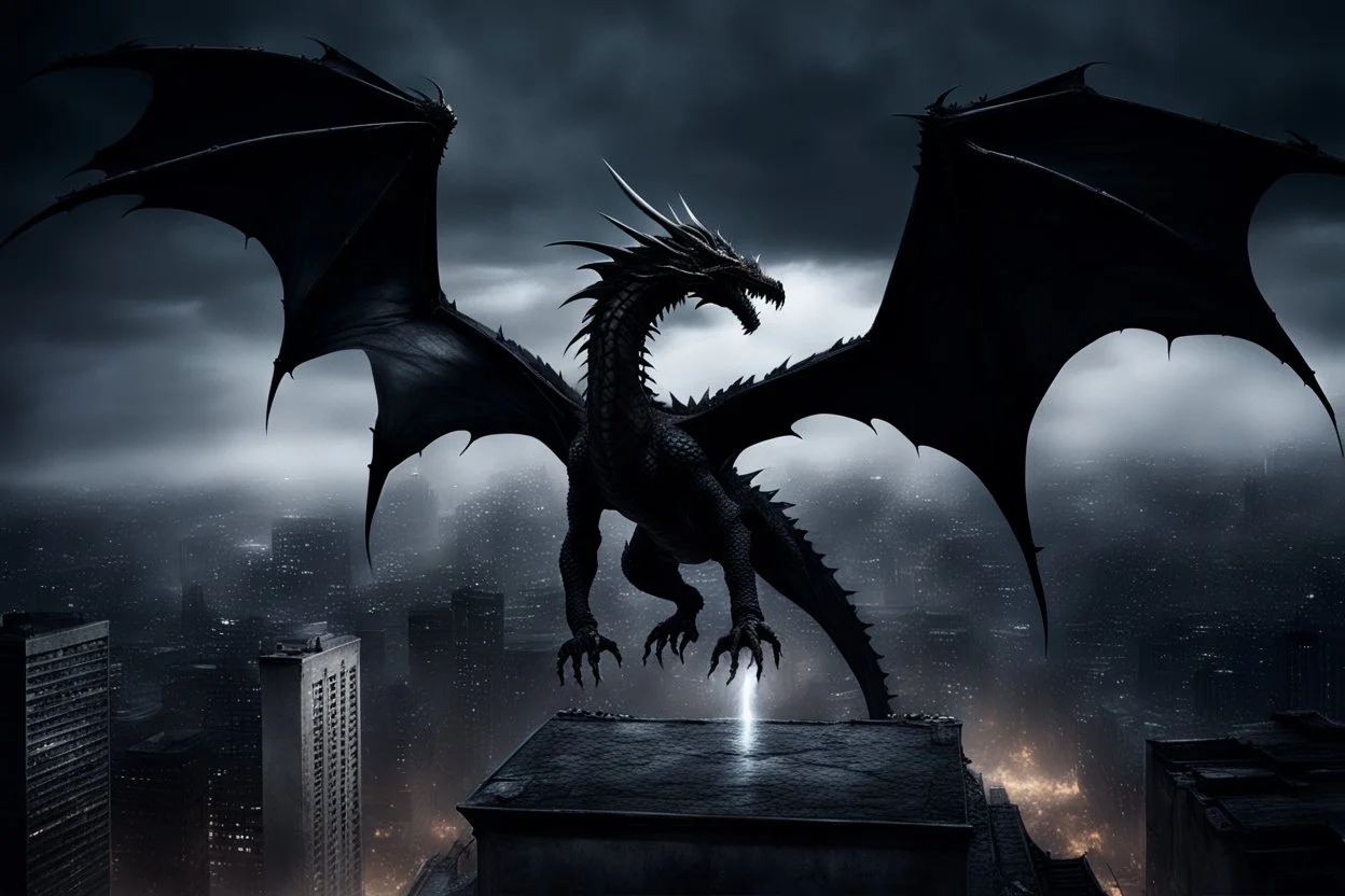 black dragon on top of a building wings outstetched dark fantasy lightening