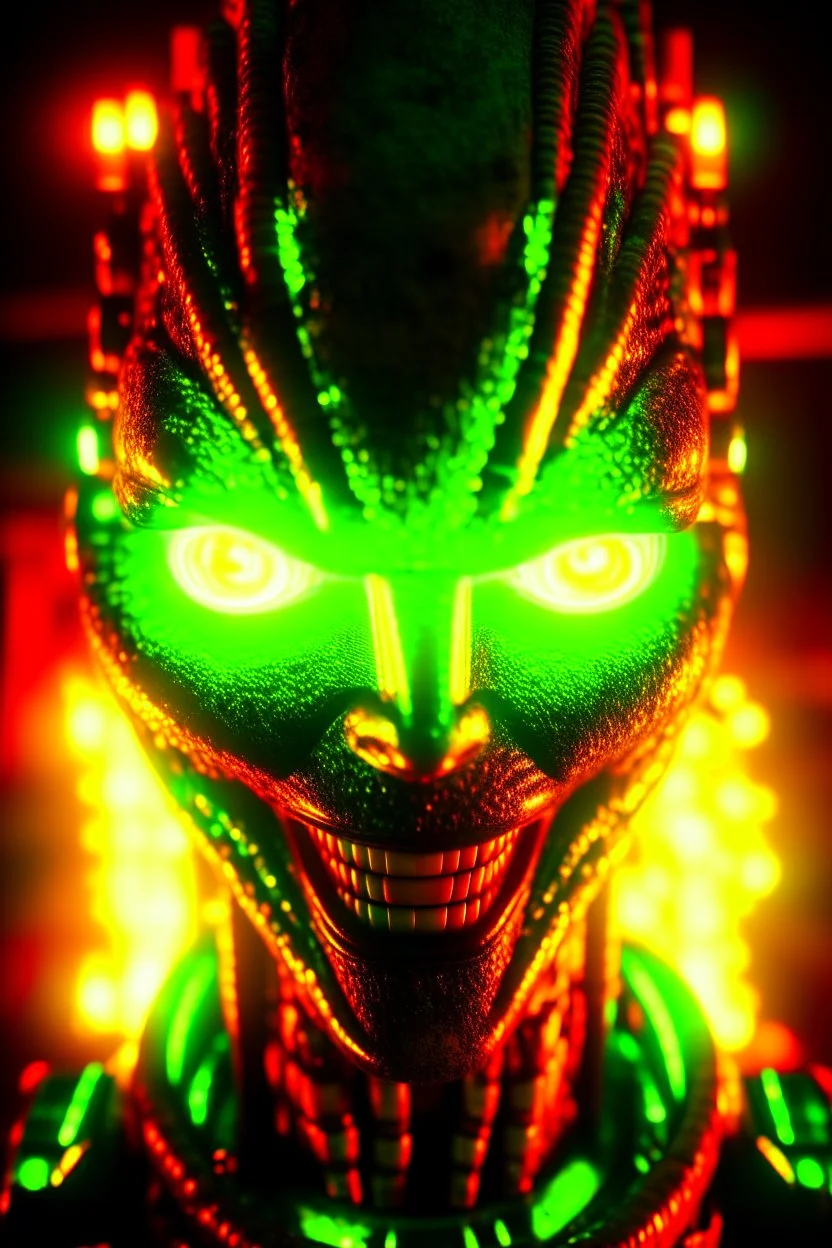 Face of an evil robot with a demonic smile, white eyes, surrounded by flames, youthful green light, fire starter in the background