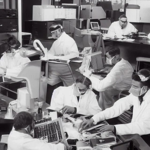 scientists at the computer in carnival masks. the masks are checkered.