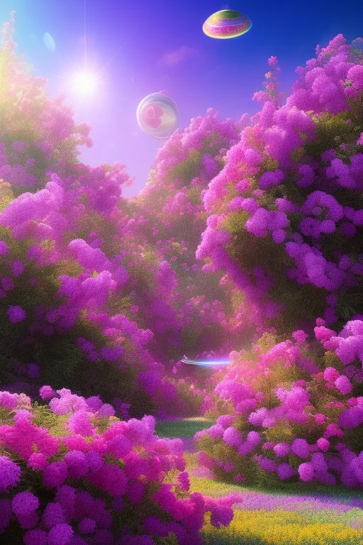 digital illustration, a world full of life divine thrill of biological tranquil sky, flowers, bright color splashes, high detailed 8 k,ufo rainbow