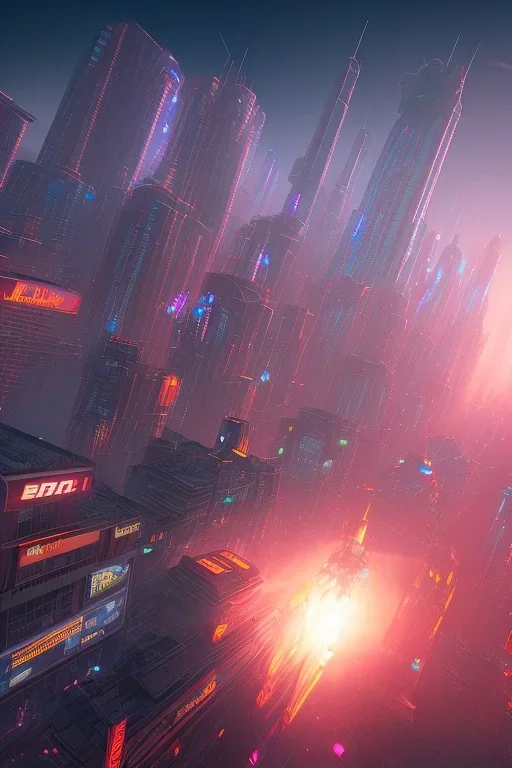 energy beam from the sky destroys a cyberpunk city, straight buildings, sharp edges, straight lines, architecture, sunset, ambience, eerie, 8k, wallpaper