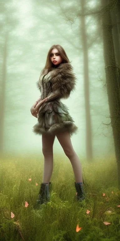 Beautiful girl in picture in foggy forrest afternoon, butterfly, 8k resolution, super detail realístic, fantasy