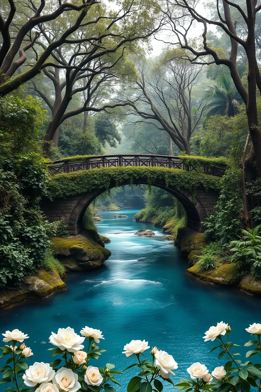 A big beautiful Bridge among relict trees, tropical forest in some places covered with ivy, and white roses around blue beautiful river fantasy, great photograph, high quality,