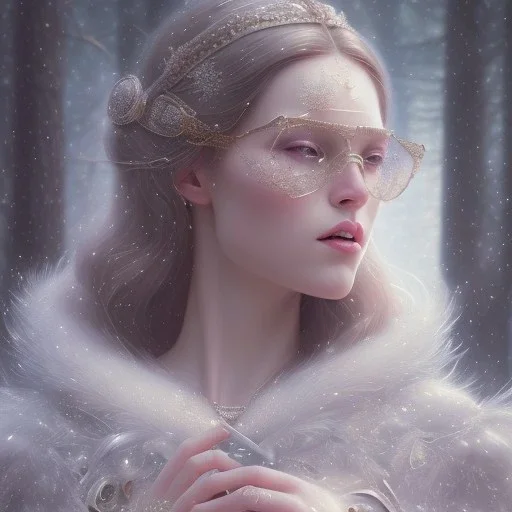 hyper 16K detailed picture, gorgeous snow white princess with snowflakes and feathers, wearing sunglasses. Full length portrait, 16k concept art by Greg Rutkowski, Artgerm, WLOP, Alphonse Mucha, dynamic lighting, hyper detail, intricately detailed art, Artstation process color trends, Unreal Engine 5 volumetric lighting.