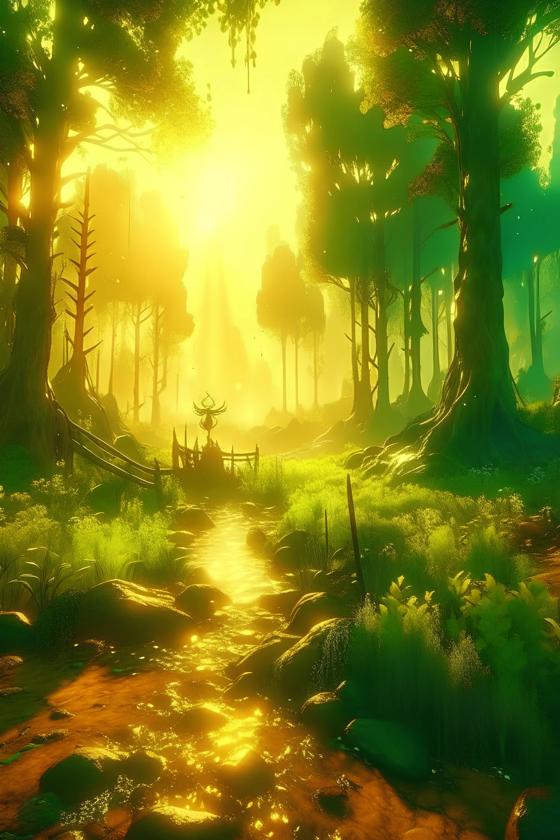 The final scene depicting the enchanted forest bathed in the morning light, symbolizing the transformative power of the fire and the adventurer's newfound courage.,4k,hdr