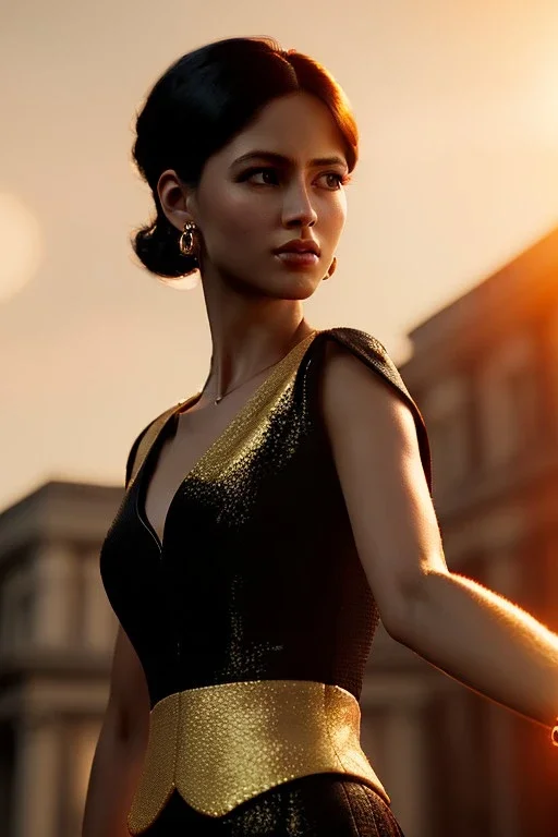 Young business woman, dark orange eyes, dark brown hair, elegant hair, gold hoop earrings, waist up portrait, 8k resolution, intricate details, ornate details, soft lighting, vibrant colors, retroanime, masterpiece, realistic, intricate eyeliner, dark eyeshadow, eyes,futuristic cityscape background