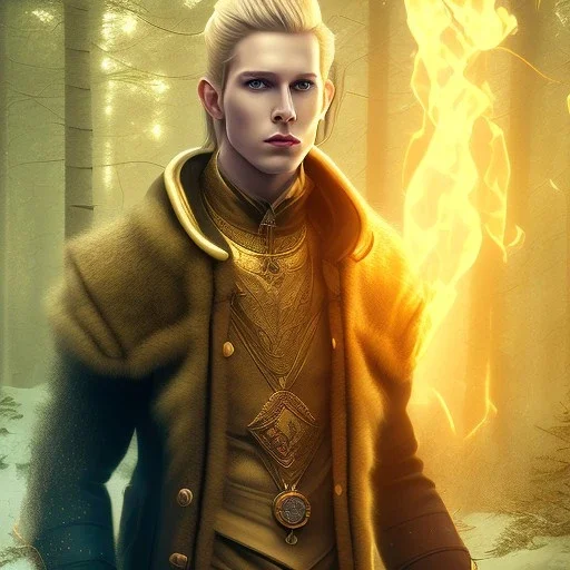 Male, Human, Blond, Sorcerer, Fire Mage, Golden Eyes, Young, Photorealism, Full Body Shot, Forest Background