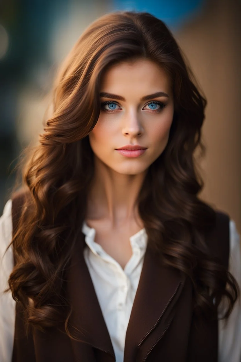 pretty18 year old girl with long wavy chocolate brown side swept hair. Blue eyes. wearing a vest