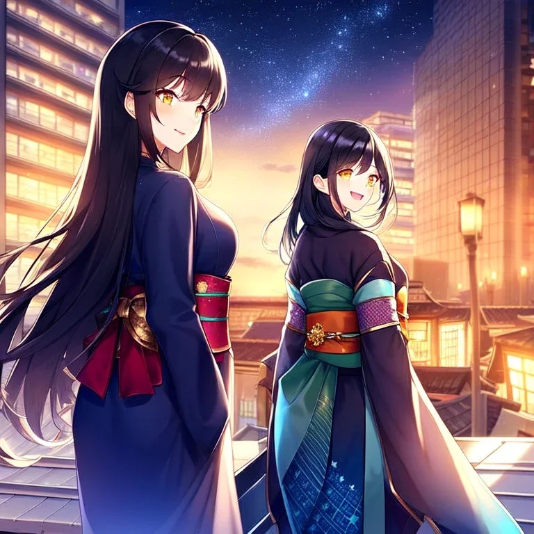 girl, masterpiece, best quality, volumetric lighting, detailed outfit, perfect eyes, long hair, black hair, golden eyes, rooftop, town, starry sky, obi, looking back, laughing,