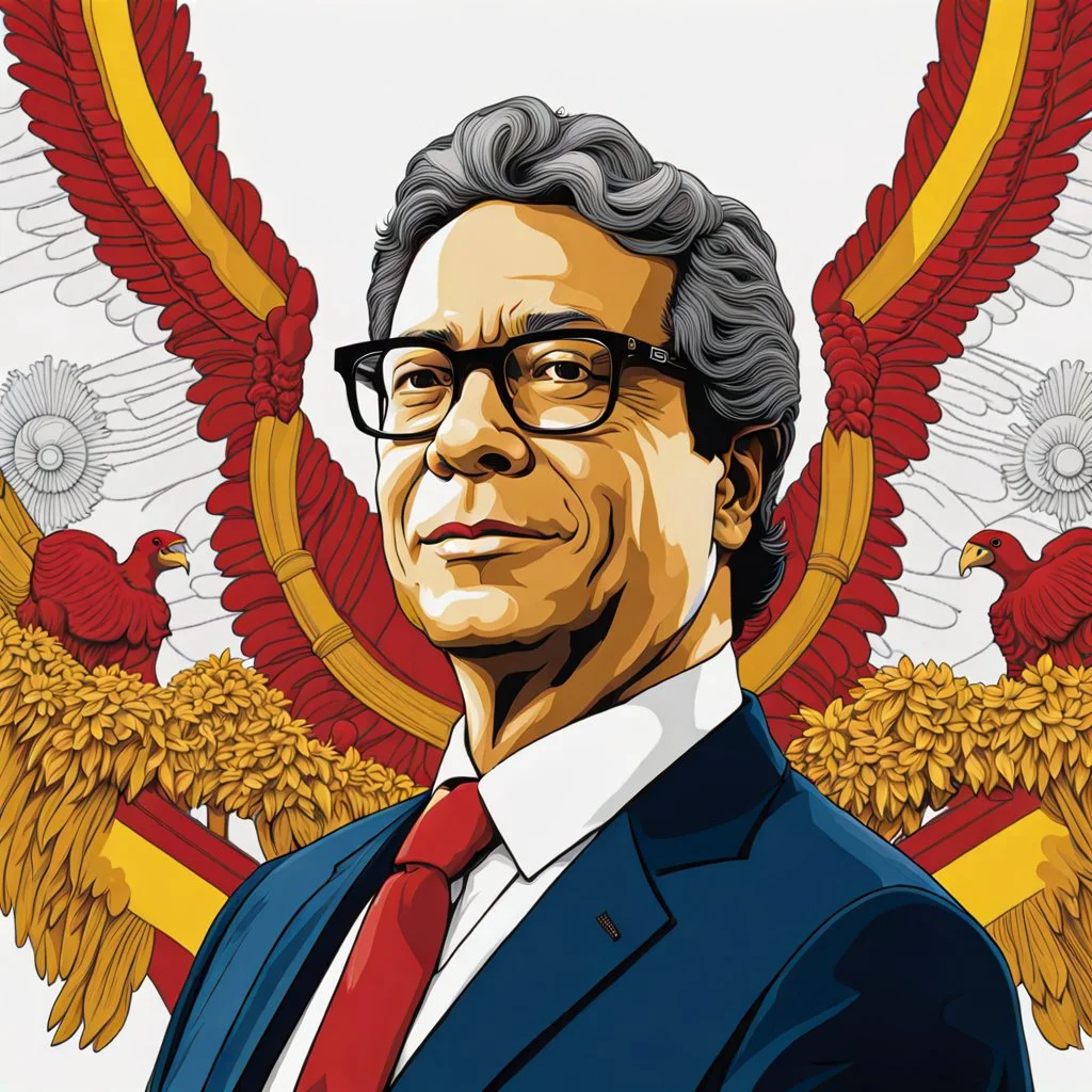 President of Colombia Gustavo Petro linear drawing colors red white and yellow hyper-detailed 8k