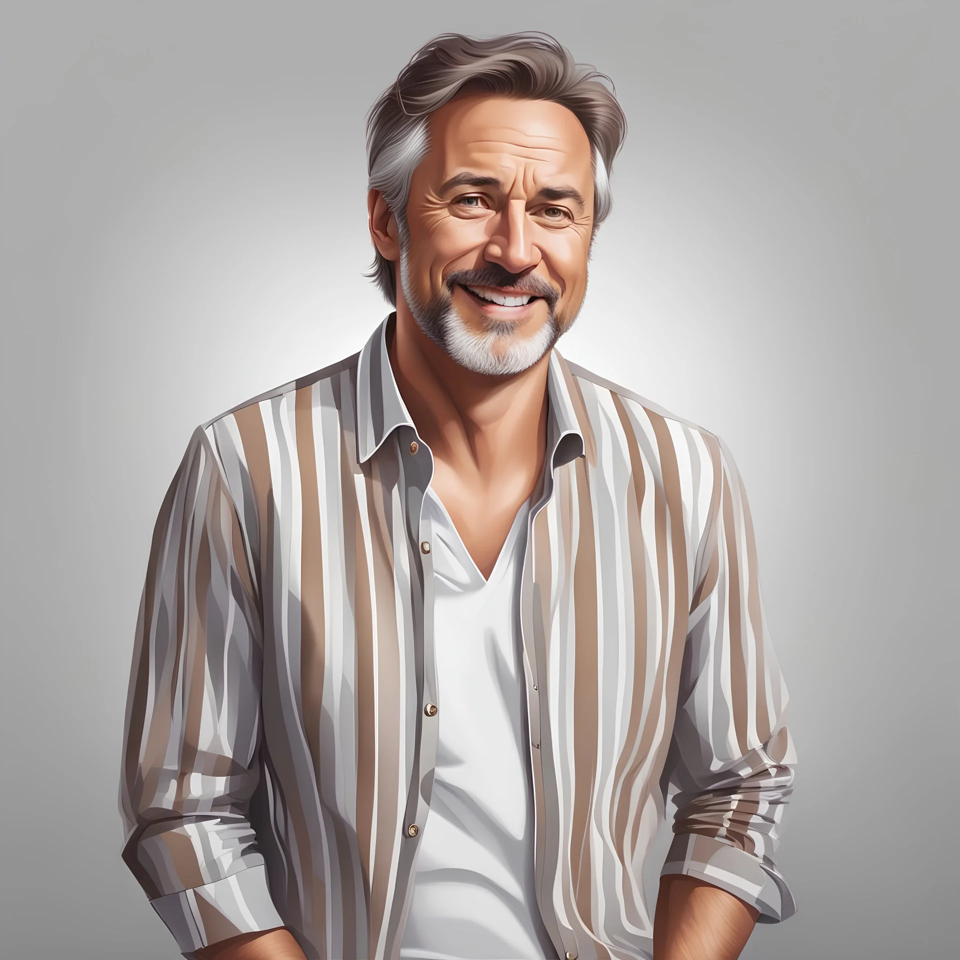 Portrait of incredibly graceful middle age man still brown hair, reflecting the modern day with his impression, casual dress and cheerful looking photorealistic photography, realistic