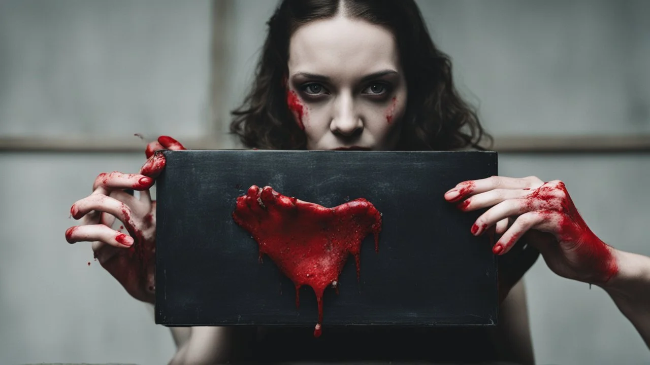 a woman's bloody hands holding up a black rectangular box