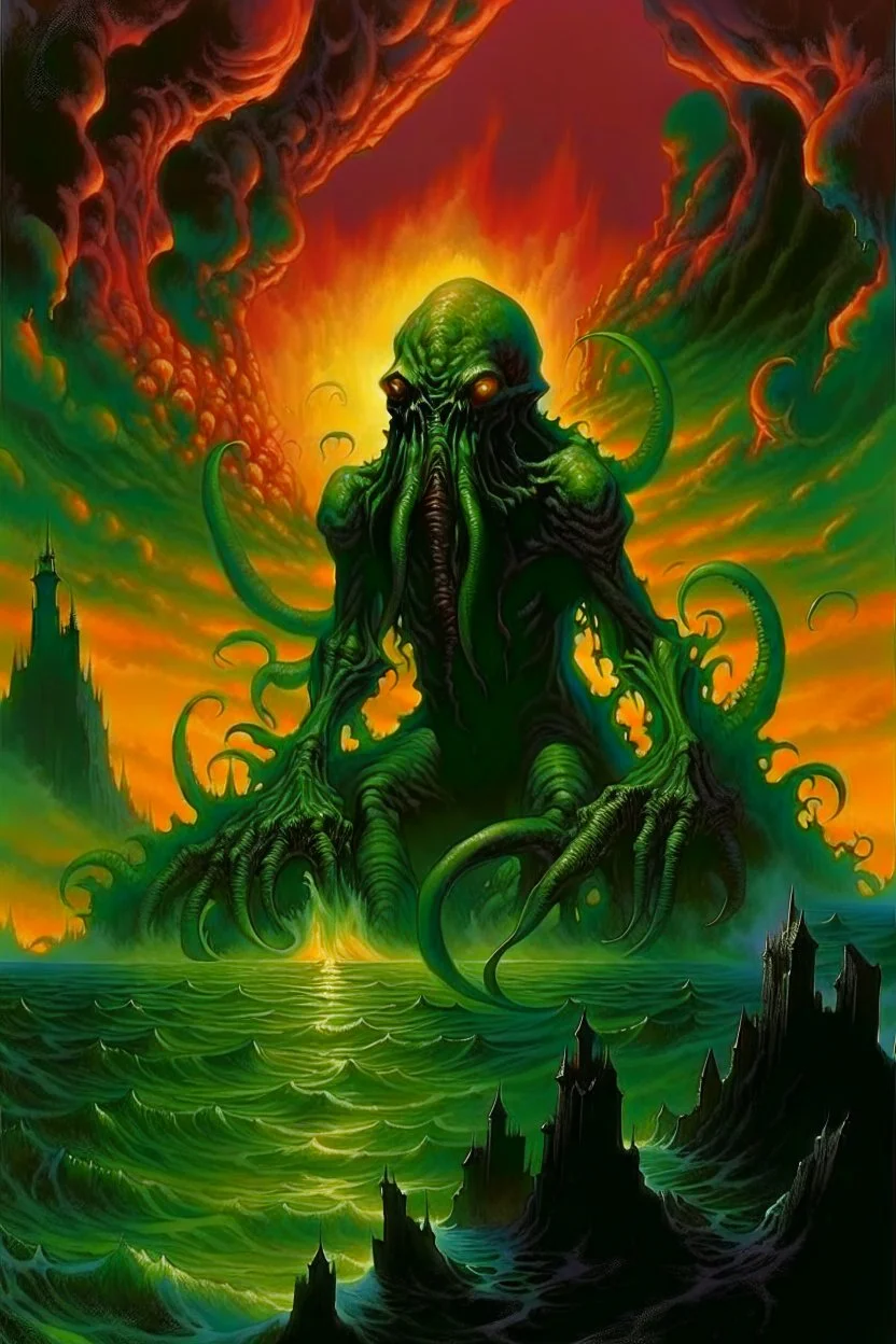 cthulhu rising at dawn. style of Michael Whelan.