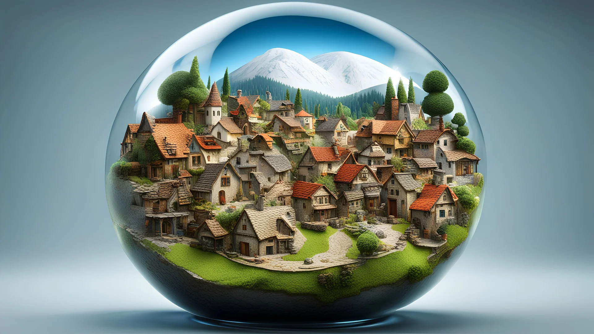 my village in a glass ball, 3D, hyper-detailed