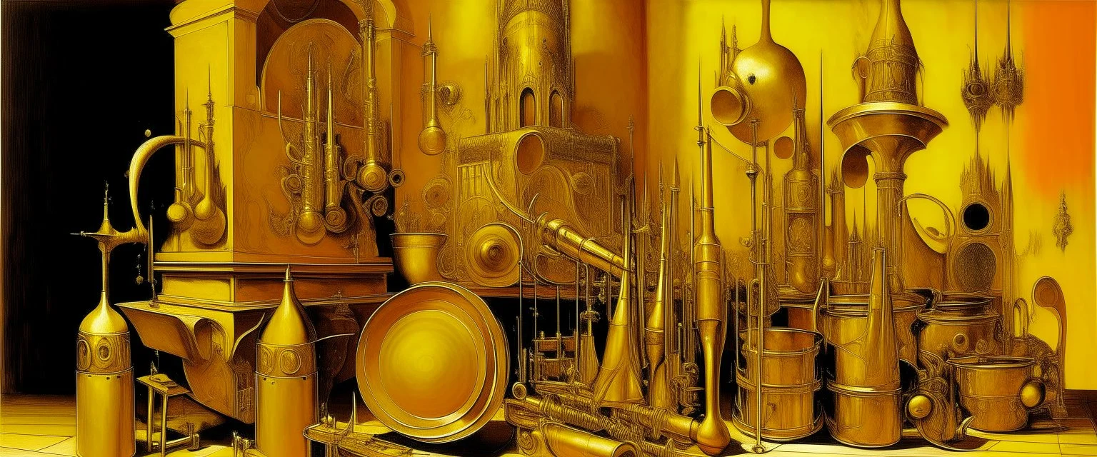 A golden yellow fortress made out brass instruments painted by Max Ernst