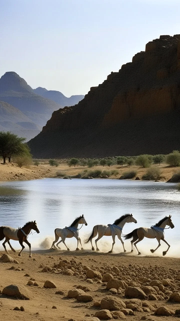 Sudan , kassala mountains, horses running down mountain leading to blue lake