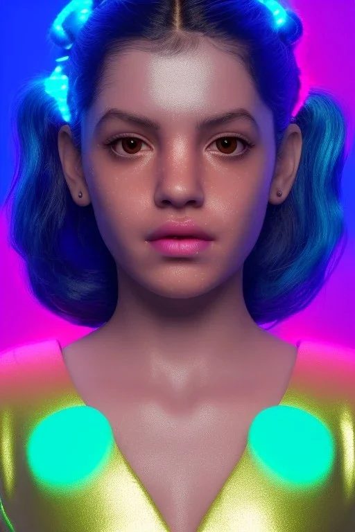 Rosalía artist, Realistic image, natural waist up portrait, perfect eyes, glow, circle iris, eye liner. sweet face, pigtails hair, spray line make up, glow. lips, gold. big rings piercing, led ornament, pearls. coat, latex, inflatable, hot, led lights, minimal, neon, pink, blue, gold, vibrant color, highly detailed, art stations, concept art, smooth, unreal engine 5, god lights, ray tracing, RTX, lumen lighting, ultra detail, volumetric lighting, 3d, finely drawn, high definition, 4k.