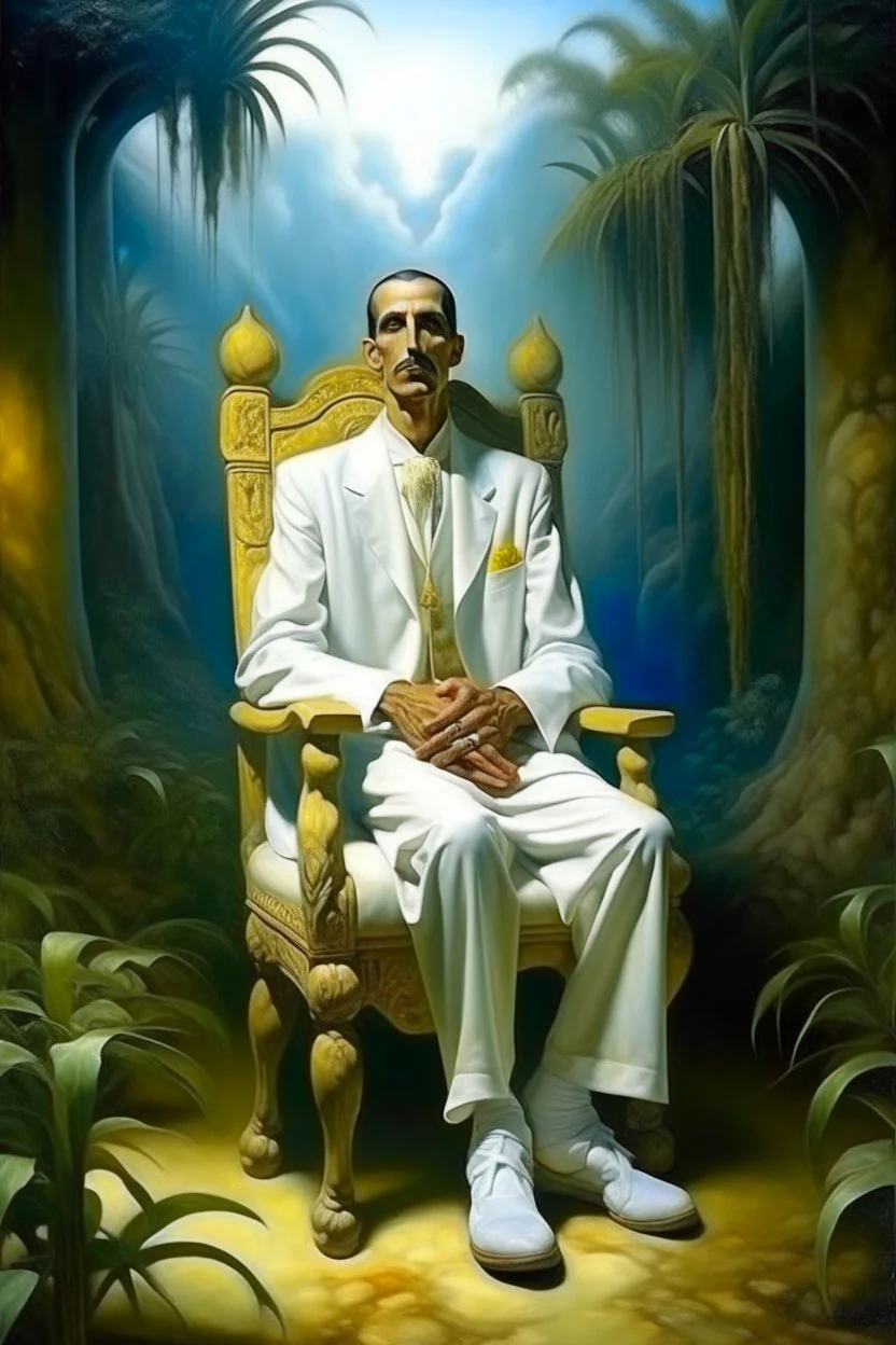 portrait of tall god looks like human but 4 times bigger than normal humans with shining eyes in full clothes, clothes like Arabs in jungle. Their face is covered in white shall only their eyes are out. Sitting on a stone chair by Dali