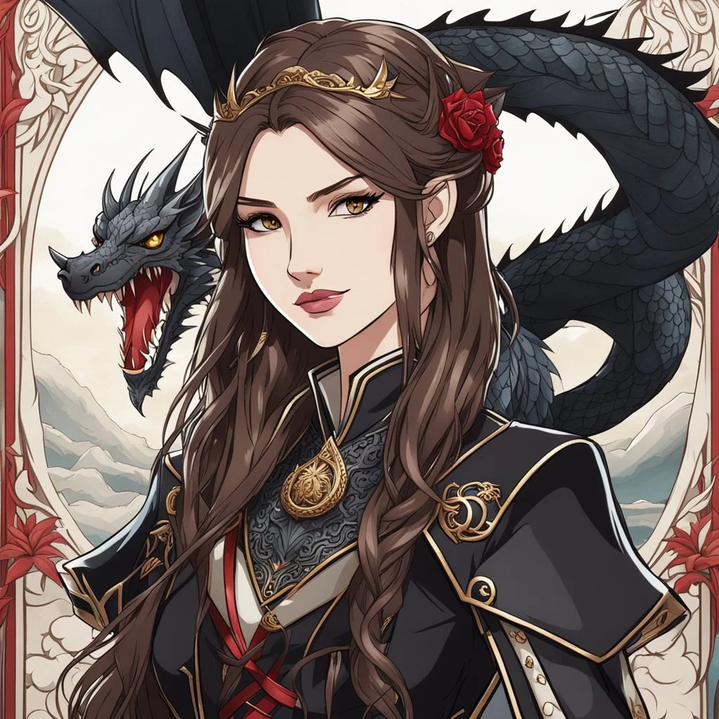 Icon or avatar. An arrogant looking young woman with pale skin and long brown hair in an outdoor fantasy setting with intricate details with a dragon flying in the background. She is smirking, wearing black and read leather, has red eyes, an air of malevolent power surrounds her. Anime style. High definition.