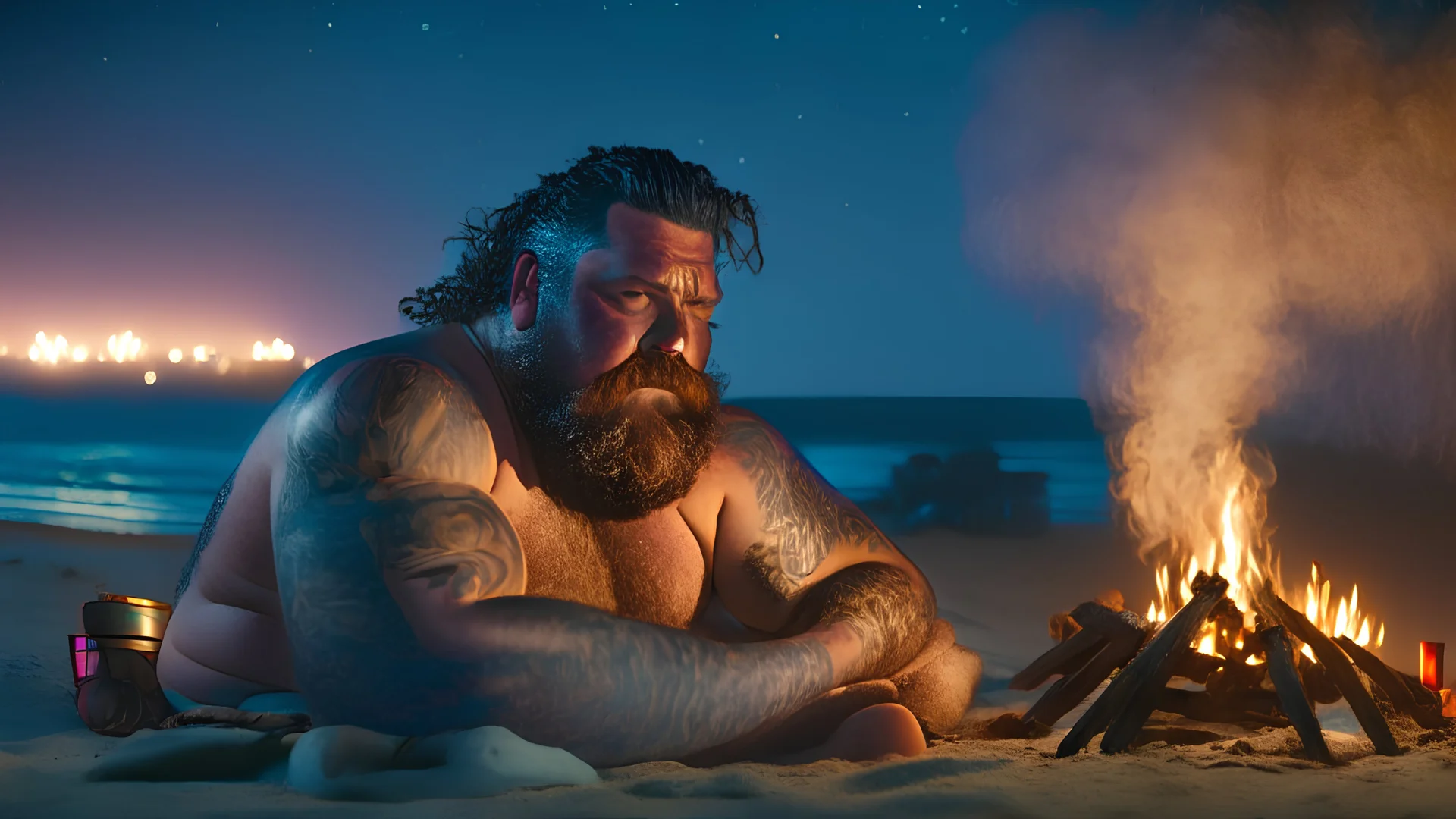 photography of a sicilian baywatcher burly sweat chubby 44 years old , swimwear, manly chest ,tattoo, curly hairs, long beard, sitting on a beach chairs at the beach at midnight , illuminated by bonfire, photorealistic, 8k, Canon EOS, 35mm lens, , unreal engine, greg rutkowski, loish, rhads, beeple, makoto shinkai and lois van baarle, ilya kuvshinov, rossdraws, tom bagshaw, alphonse mucha, global illumination, detailed and intricate environment