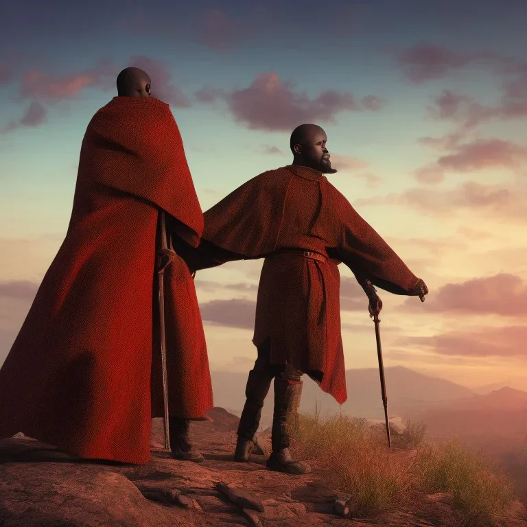 dungeons and dragons, monk, black, african, portrait, face, close up, cloak, clothes, cape, brown fabric, sunset, red sun, single person, red sky