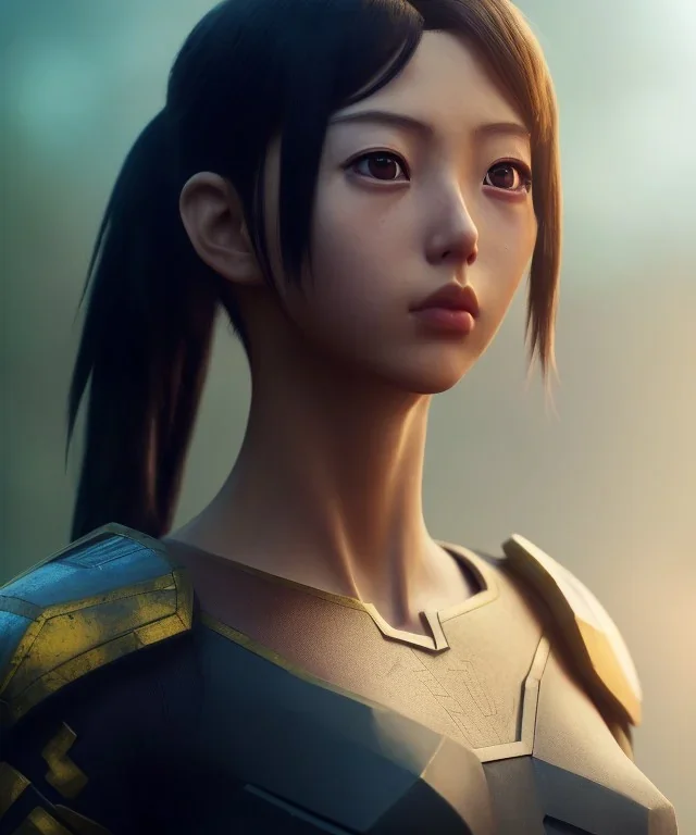 Anime girl cute neck head portrait, amazon warrior costume, full body, village, meditation, cyberpunk, 8k quality