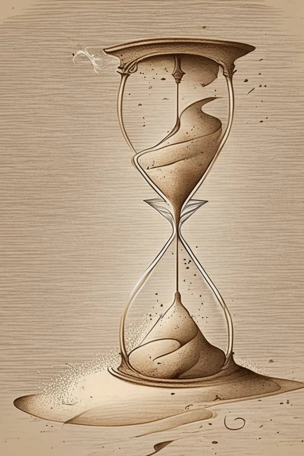 beautifully elegant calligraphy style drawing of an hourglass with a sandy question mark in the upper chamber pouring though the neck
