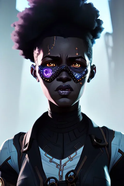 portrait,beautiful black woman, afro hair, post-apocalyptic in a cyberpunk city, realistic, intriacte detail, sci-fi fantasy style, volumetric lighting, particales,highly detailed,cinamatic, deep colours,8k