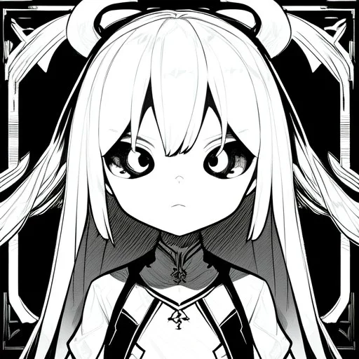  dead eyes, emotionless face, long white hair, short, cute, Line art, small girl,