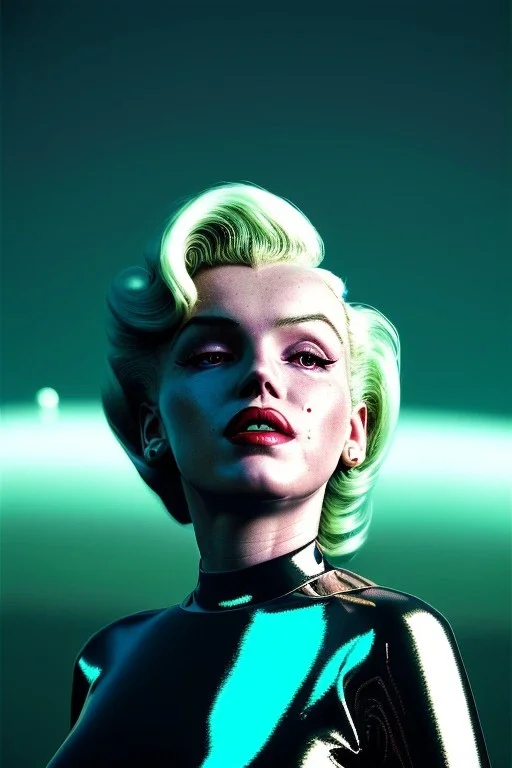 Ultra Realistic retro sci-fi image, portrait, blonde woman, sweet young Marilyn Monroe face, perfect iris, tight latex coat, Strange planet background, Retro sci-fi style helmet, fog, rain, soft color, highly detailed, unreal engine 5, ray tracing, RTX, lumen lighting, ultra detail, volumetric lighting, 3d, finely drawn, high definition, high resolution.