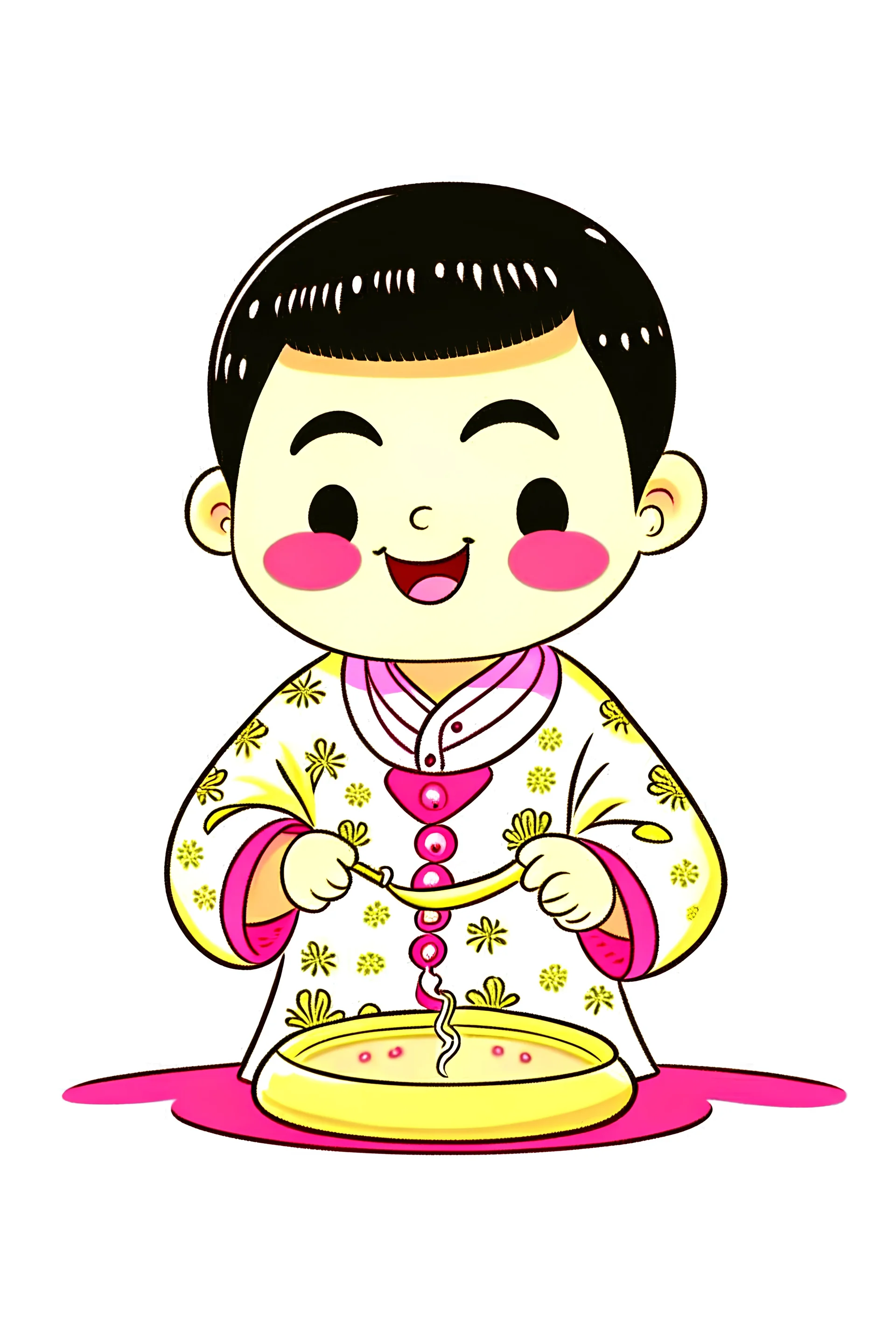 Cartoon, Chinese little boy with a Chinese pigtail, chubby face, pink cheeks, wearing a Chinese jacket, smiling very simple and honest, cooking