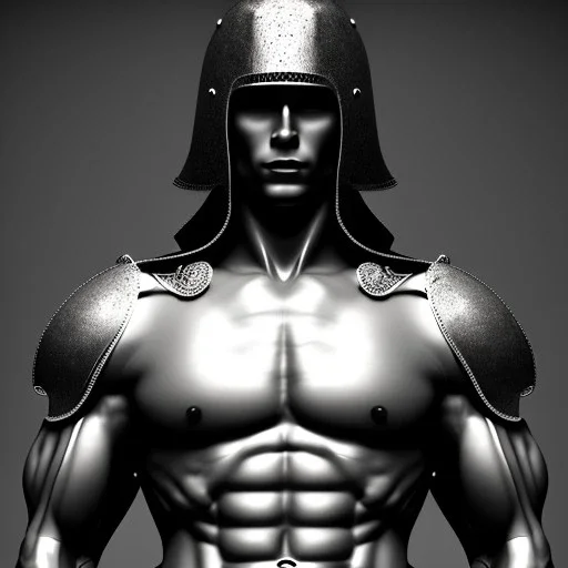 Muscular man sculpture, background = BLACK with a bit of mist, roman warrior, armor, helmet