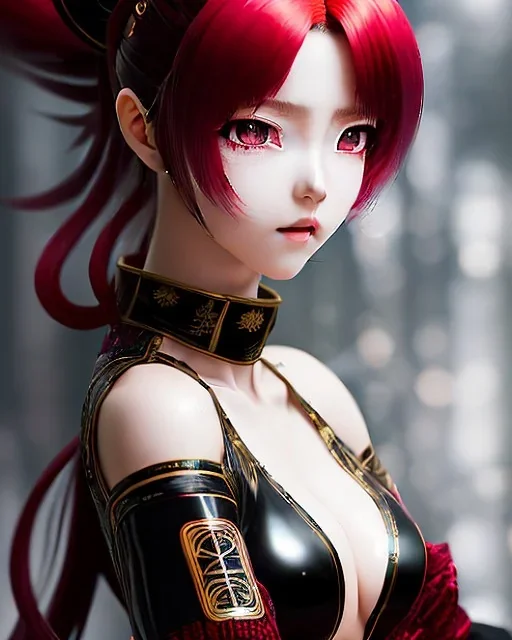 Detailed cute anime Kunoichi girl with a tail, blood red hair buns, bangs, black latex bodysuit, intricate details, full body portrait, keep head in frame, slight smile, black Japanese motif, concept art, highly detailed, digital painting, concept art, sharp focus, illustration, art by Yoji Shinkawa, WLOP and greg rutkowski and alphonse mucha and artgerm and yanjun Chen and Junji ito and Makoto Shinkai, HDR, octane render