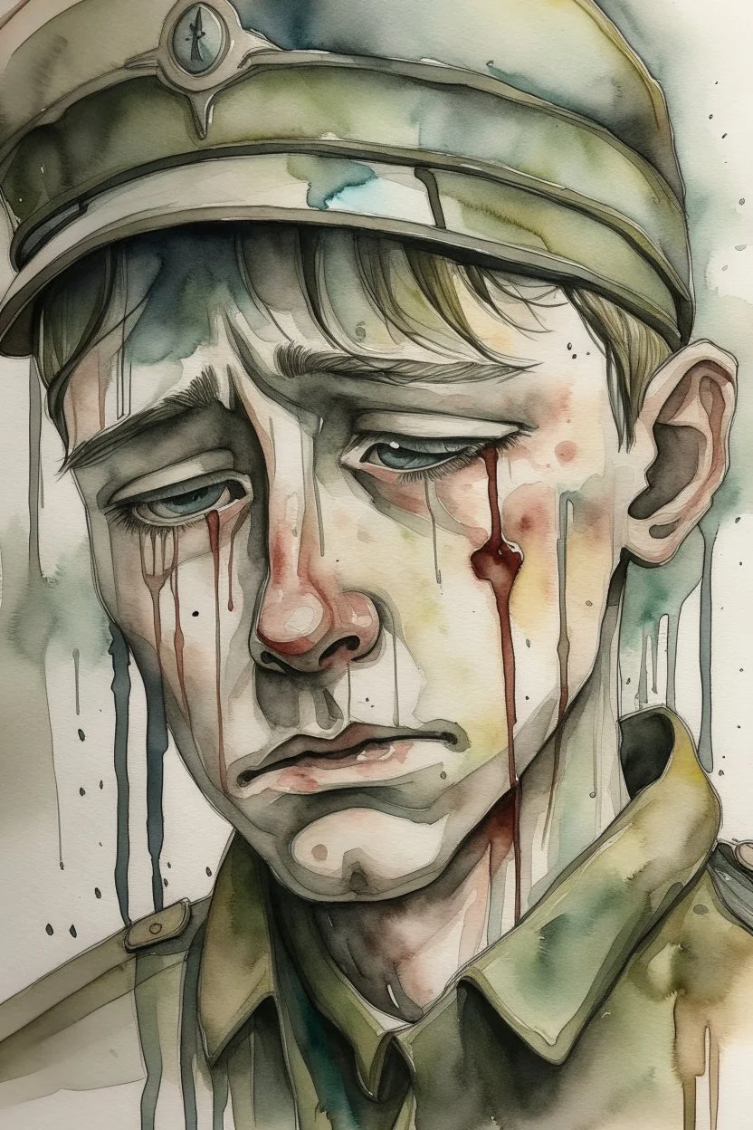 Watercolored crying soldier