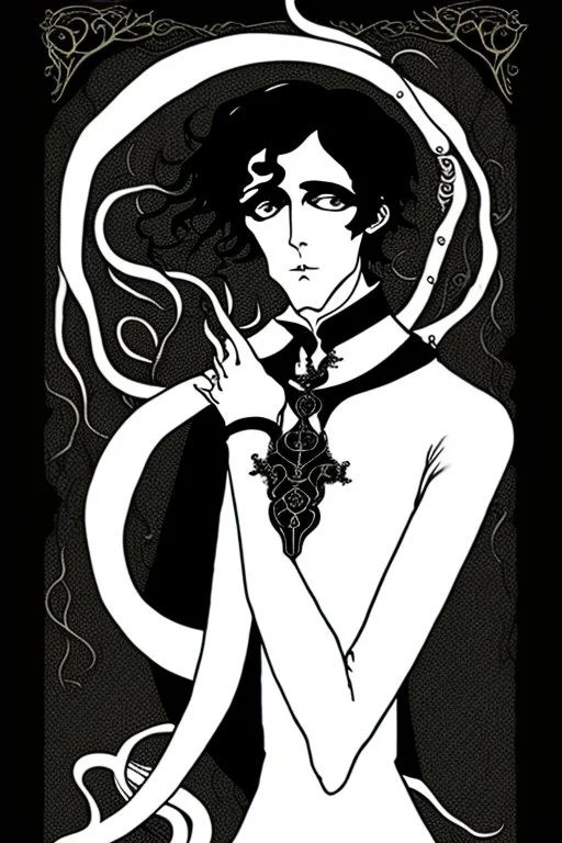 black haired young man necromancer wizard with gothic jewelry and tentacle fingers in the style of Aubrey Beardsley