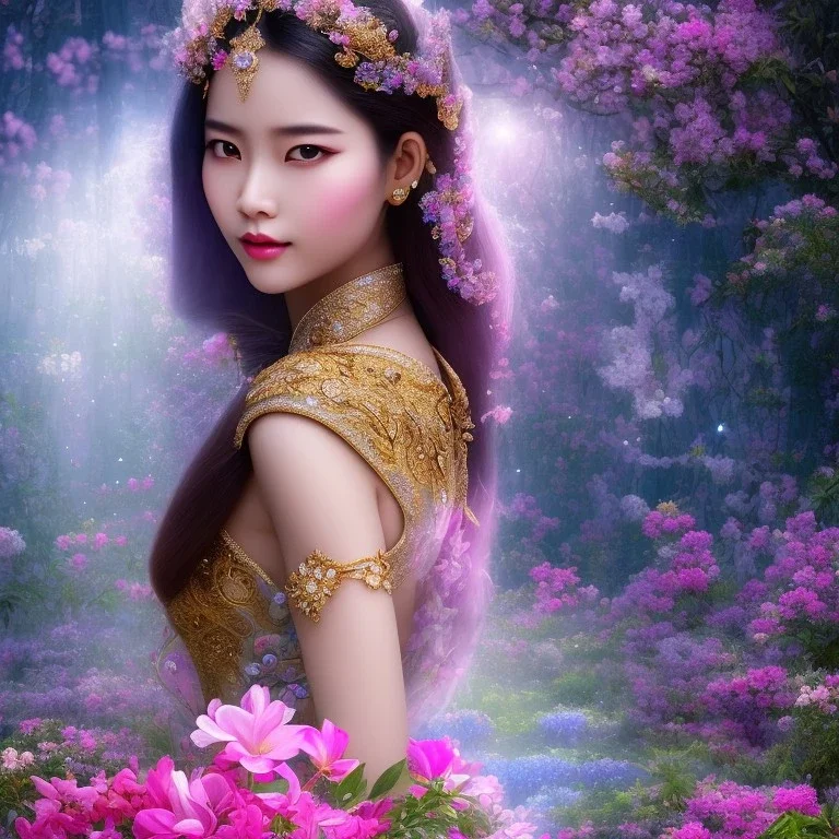 bright fairy, beautiful portrait of asiatique beautiful girl, flowery a magical crystal flower lys bougainvillier, blue gold house indian palace castle in the woods, magnolias pink,blue lake,sun,white swanns,pink vertical, blue lake,sharp, vines, candlelit, endor, ornate, elegant, highly detailed, artstation, concept art, smooth, sharp focus, illustration, 8k, splash art, wallpaper, key visual