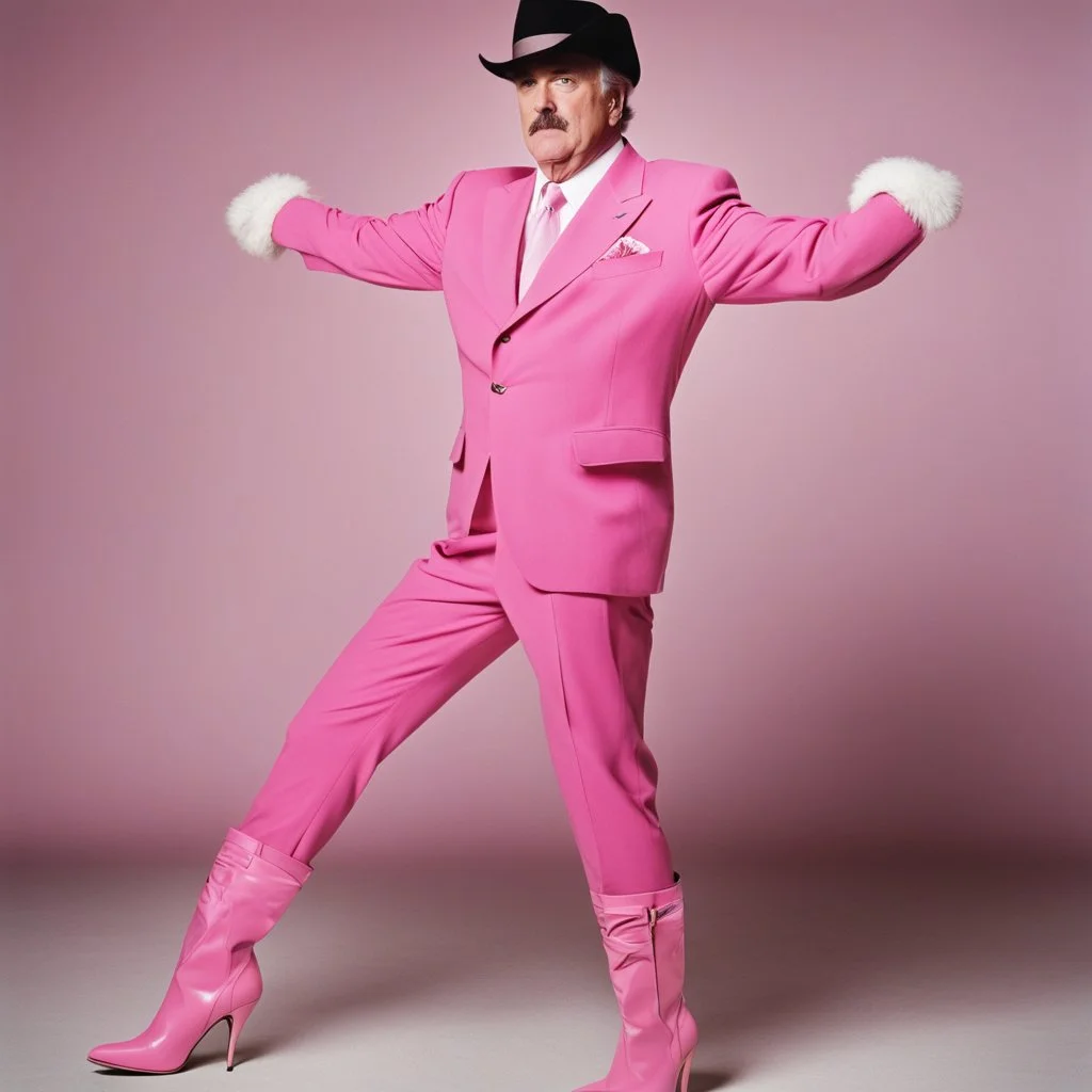 John Cleese with massive muscles in a pink battlesuit pink gloves and pink high heel boots. The Ministry of Silly Walks.