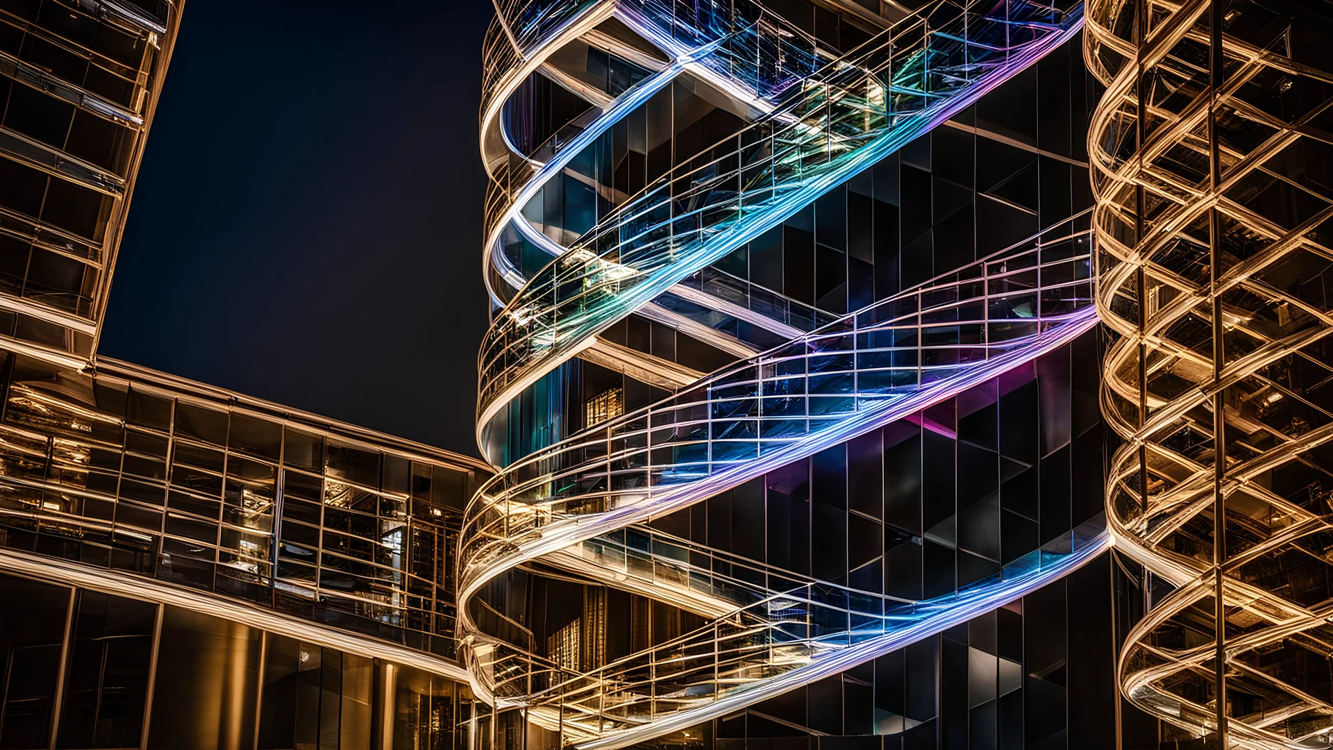 94614, delightful, sensitive, confident, iridescent double helix tower, delicate, nocturnal, architecture, award-winning photograph, beautiful composition, filled with beautiful detail, delicate colour, chiaroscuro