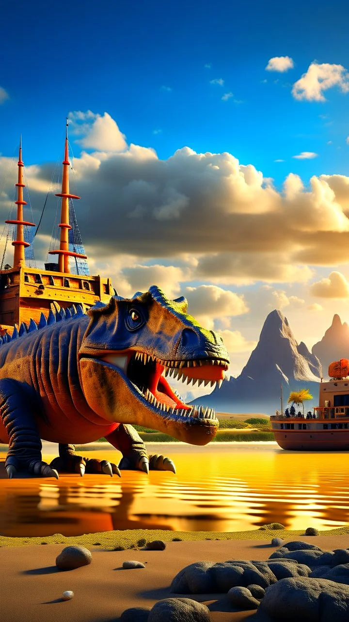 A ship side view appeared in the desert on a little lake with sands T rex dinosaurs are in it and around it and stormy clouds , and some mountains in the distance background